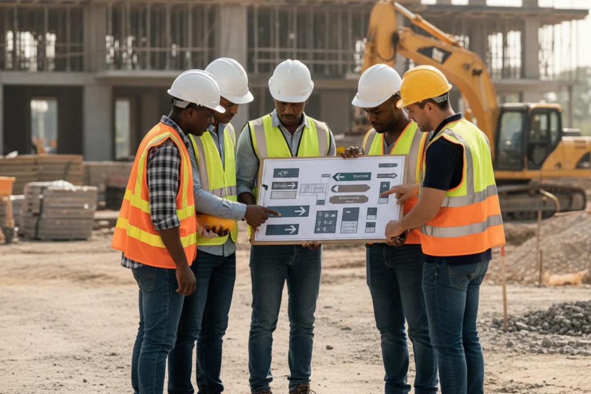 Team-briefing-on-site-engineers-and-workers-gathered-around-signage-plan-displayed-on-clipboard